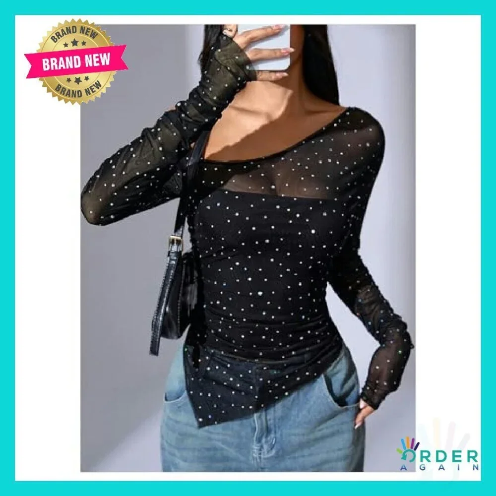 Sequin Sheer Top One Shoulder Ruched Long Sleeve Tee Chic Party Wear